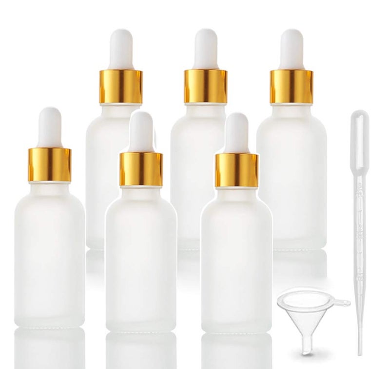6 Pack Frosted Glass Dropper Bottle for Essential Oils Empty Glass Liquid Holder With Glass Eye Dropper Golden Caps Travel Perfume Cosmetic Container-Pipette&Funnel included (30ml/1 fl oz)